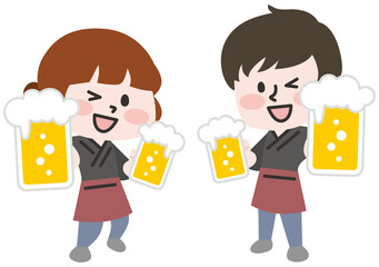 ビールを持つ飲食業のスタッフの男性と女性