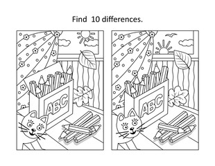 Box of pencils find the differences picture puzzle and coloring page
