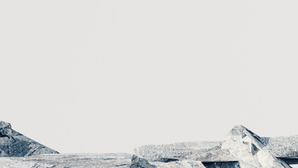 3d stone podium background products display mockup 3d render. scene on white floor, leaf, rock, and white background podium shape nature. stand show cosmetic product. Stage showcase on pedestal.