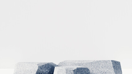 3d stone podium background products display mockup 3d render. scene on white floor, leaf, rock, and white background podium shape nature. stand show cosmetic product. Stage showcase on pedestal.