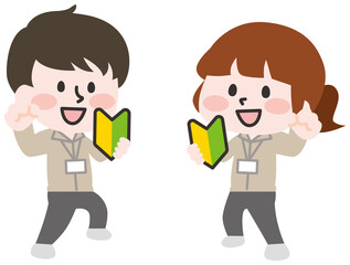 初心者マークを持つ店員さん