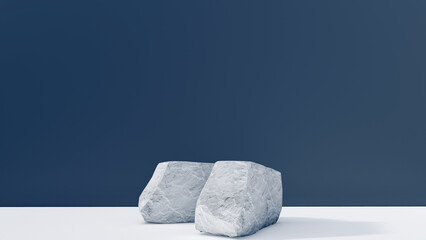 3d stone podium background products display mockup 3d render. scene on white floor, leaf, rock, and navy blue background podium shape nature. stand show cosmetic product. Stage showcase on pedestal.