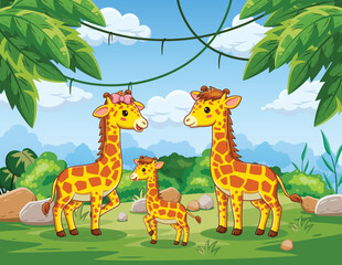 Fototapeta premium Cute Giraffe in the Jungle Cartoon. Vector Cartoon Illustration
