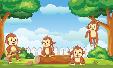 Obraz na płótnie Canvas The Little Monkeys Happy in Yard. Vector Cartoon Illustration