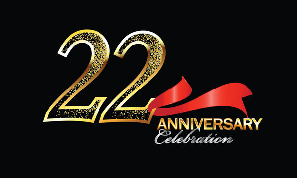 22 Year Anniversary celebration Vector Design with red ribbon and glitter. 22nd Anniversary celebration. Gold Luxury Banner of 22nd Anniversary. twenty-second celebration card