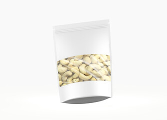 Roasted cashew nuts packet isolated on white background. 3d illustration