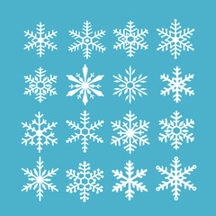 Fototapeta na wymiar Beautiful white snowflake winter set, Christmas and new year element icon design on blue background, crystal snowflake frozen silhouette vector illustration