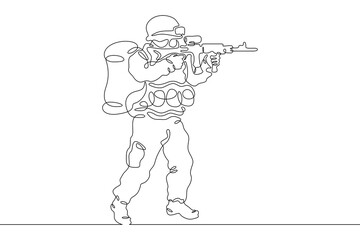 One continuous line.Modern military man in outfit. Soldier with weapons. Warrior in uniform.  One continuous line is drawn on a white background.