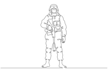 Fototapeta na wymiar One continuous line.Modern military man in outfit. Soldier with weapons. Warrior in uniform. One continuous line is drawn on a white background.