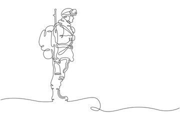 One continuous line.Modern military man in outfit. Soldier with weapons. Warrior in uniform.  One continuous line is drawn on a white background.
