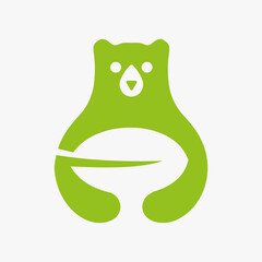 Bear Eco Logo Negative Space Vector Template. Bear Holding Leaf Symbol