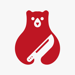 Bear Knife Logo Negative Space Vector Template. Bear Holding Knife Symbol