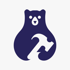 Initial Bear Hammer Logo Negative Space Vector Template. Bear Holding Hammer Symbol