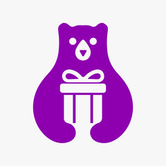 Bear Gift Box Logo Negative Space Vector Template. Bear Holding Gift Box Symbol