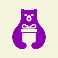 Bear Gift Box Logo Negative Space Vector Template. Bear Holding Gift Box Symbol