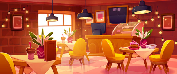 Cozy cafe interior, coffee shop, cafeteria or bakery with sweets on tables, chairs, cashier desk, chalkboard menu and glow garlands. Restaurant or food court with furniture Cartoon vector illustration