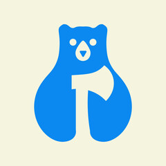 Initial Bear AXE Logo Negative Space Vector Template. Bear Holding AXE Symbol