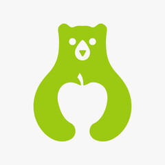 Initial Bear Apple Logo Negative Space Vector Template. Bear Holding Apple Symbol