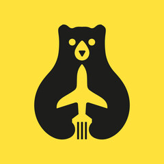 Initial Travel Bear Logo Negative Space Vector Template. Bear Holding Airplane Symbol