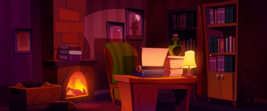 Writer Workspace In Dark Room With Vintage Furniture. Cartoon Vector Illustration Of Retro Furnished Home Office With Old Typewriter On Wooden Desk, Cozy Armchair And Fireplace, Many Books On Shelves