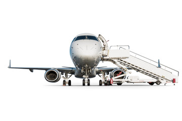 Front view of the white passenger airliner with boarding ramp isolated on transparent background