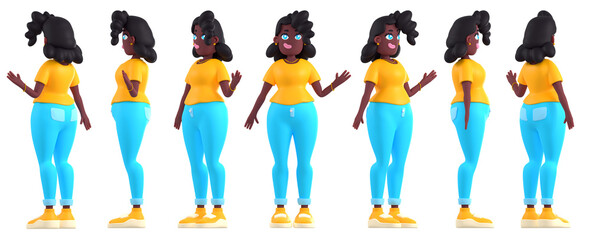 3D illustration set of african american woman isolated on white background. Female character in yellow and blue casual clothes standing front, side, back view, one hand raised up. Greeting gesture