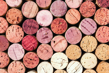 Wine cork background from red and white wine, natural texture used bottle stoppers top view. Closeup wooden corks. Natural textured stoppers colored wallpaper. Bright background wine corks