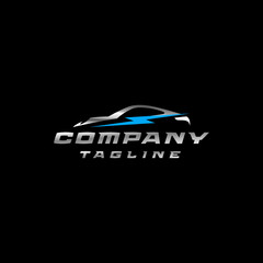 Electric Sports Car Silhouette Logo Design. Sports Car Silhouette With Blue Electric Icon.