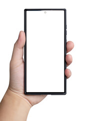 Male hand showing a smartphone with blank screen isolated on white background.