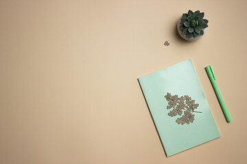 Green notebook, green cactus and pen over the brown background. 