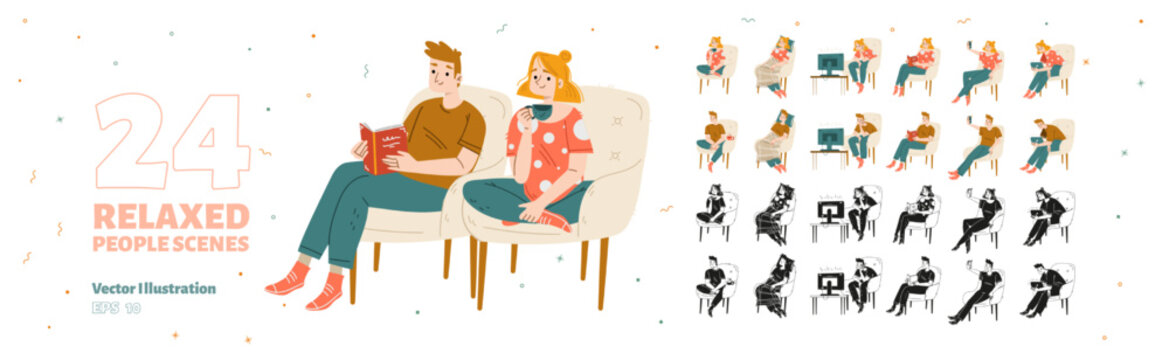 Relaxed people rest at home. Man and girl sitting in chair sleep, read book, drink coffee, watch tv, use tablet and take selfie on mobile phone, vector black and white and colored hand drawn set