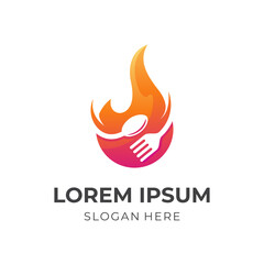 hot food logo template, fire, spoon and fork combination logo with 3d orange color style