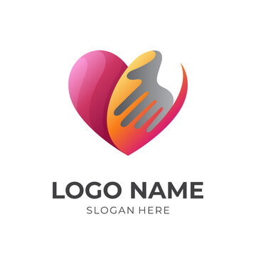 heart care logo design, love and hand combination logo with 3d orange and red color style