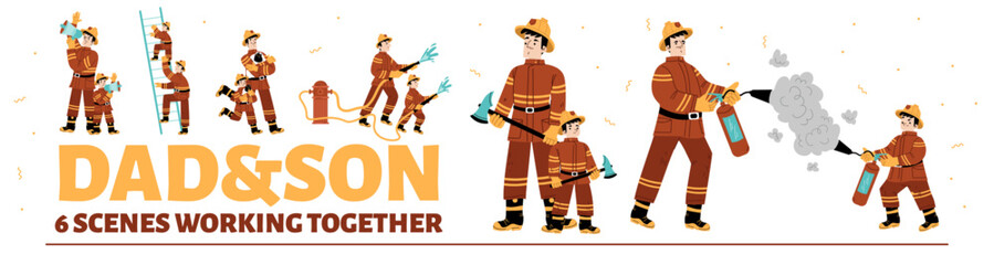 Dad and son fire fighters working together. Father and kid wear uniform fighting with blaze. Firemen climb ladder, use extinguisher, water hose, loudspeaker and axe, Cartoon linear flat vector set