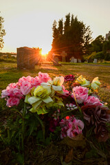 Niedergelegte Blumen auf dem Friedhof im Sonnenuntergang