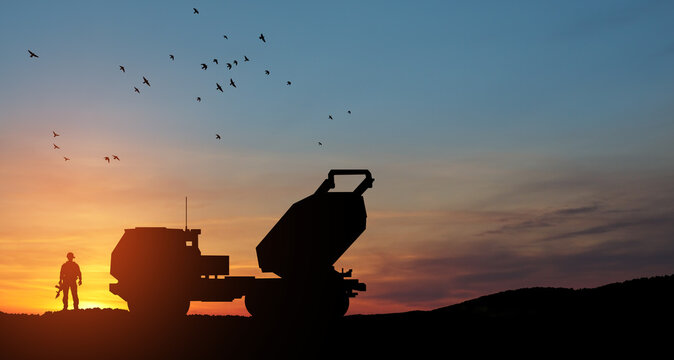 Artillery rocket system are aimed to the sky and soldier at sunset. Multiple launch rocket system. 3d-rendering.