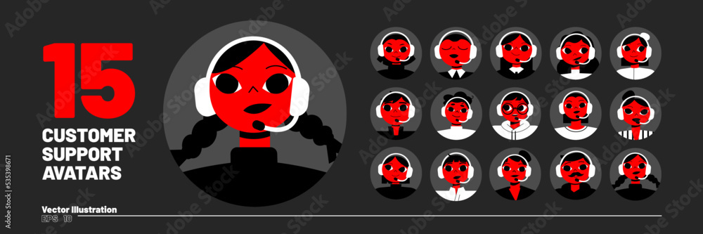 Poster set of support service operators avatars in circle frames. customer help call center, women and men 
