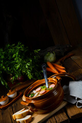 Potato kohlrabi soup with bockwurst