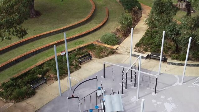 Aerial View Rising Above Empty Childrens Play Park, Australia