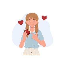 Healthy food, clean eating, vegetarian diet concept. woman eating fresh apple , enjoying vegan diet. Wellness, bodycare, healthy. Vector illustration