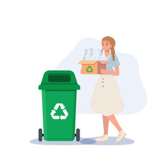 woman is collected bottles for recycling. Green Ecology concept. Vector illustration