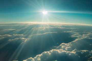Air plane window view time lapse clouds and blue sunny sky, Loop of white clouds over blue sky with sun Rays, Aerial view, drone shooting clouds motion time, nature blue sky a white cleat weather. 4K
