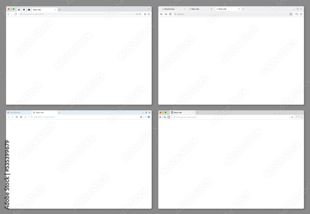 Aufkleber Web browser window interface mockup. Vector internet browser window of computer screen or laptop display with empty page tab, grey frame, blank address bar, back, forward and refresh button