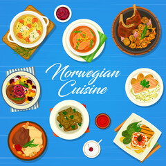 Norwegian cuisine menu cover with vector meat dishes, fish soup and vegetable fruit salad frame. Smoked trout tartare and lamb chops with wine and butter sauce, grape leaf rolls dolma and soured milk
