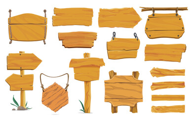 Cartoon wooden signs, vector wood planks, boards, banners and signboards on posts with old wooden texture. Hanging signs and signposts with ropes, nails and chains, rocks and green grass, game assets