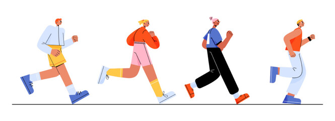 Fototapeta na wymiar People run in row, marathon jogging, sports exercising or competition concept with young male and female athlete characters in sportswear, healthy lifestyle, activity Line art flat Vector Illustration
