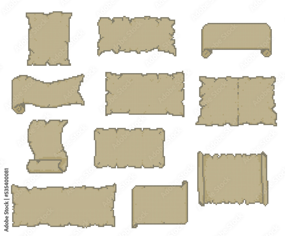 Poster pixel game manuscript ribbons and scrolls, vector game asset with cubic pattern. old parchment or 8 