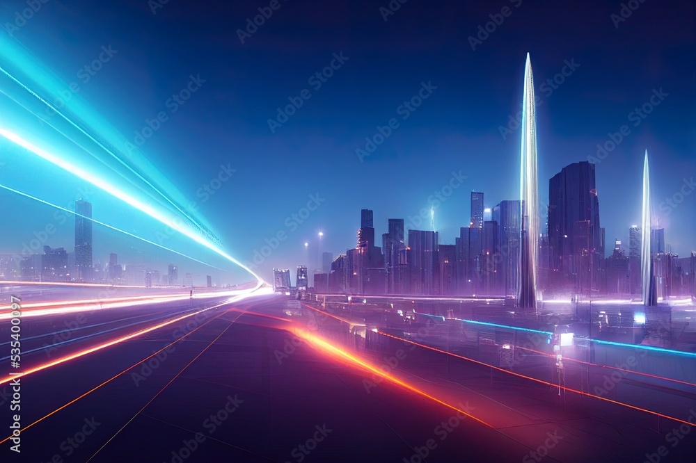 Poster 3d rendering of warp speed in hyper loop with blur light from buildings' lights in mega city at nigh