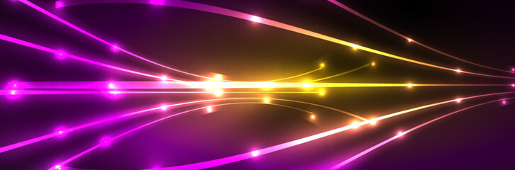 Shiny neon lights, dark abstract background with blurred magic neon light curved lines