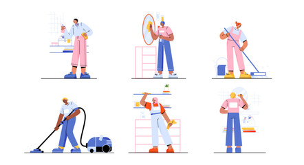 Fototapeta na wymiar Cleaning service at home, janitors team in uniform housekeeping work with tools, maids clean living room and bathroom. Professional company workers with tools cleanup, Line art vector illustration